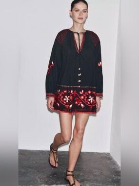 ZARA Embroidered Boho Linen Blend Mini Dress S Rare Viral Cottagecore